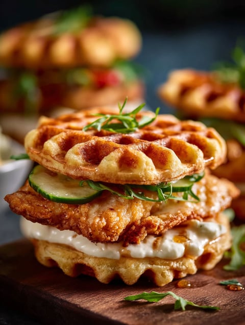 A chicken and waffle slider with a green topping.