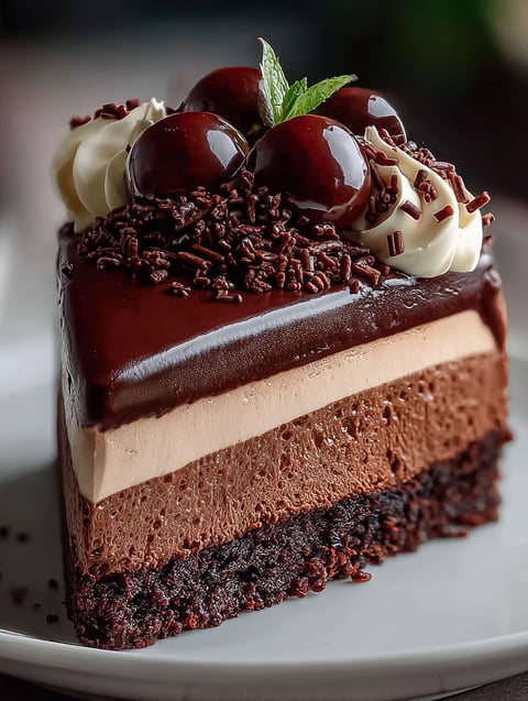 A slice of chocolate mousse cake.