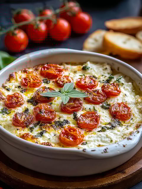 A bowl of goat cheese tomato basil dip.