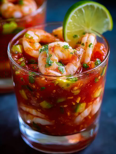 A glass of shrimp cocktail with lime wedges.
