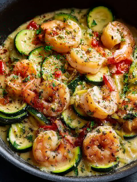 A skillet with shrimp and zucchini in a creamy sauce.