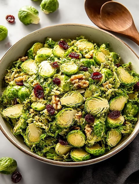 A bowl of Brussels sprouts salad with nuts and berries.