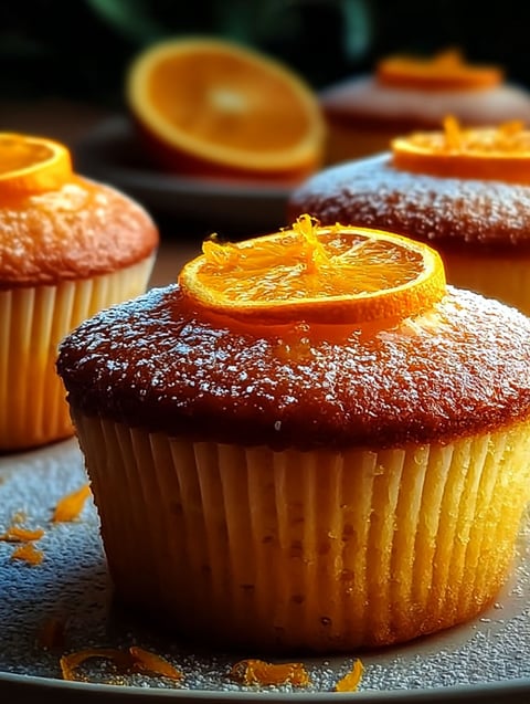 A cupcake with an orange slice on top.