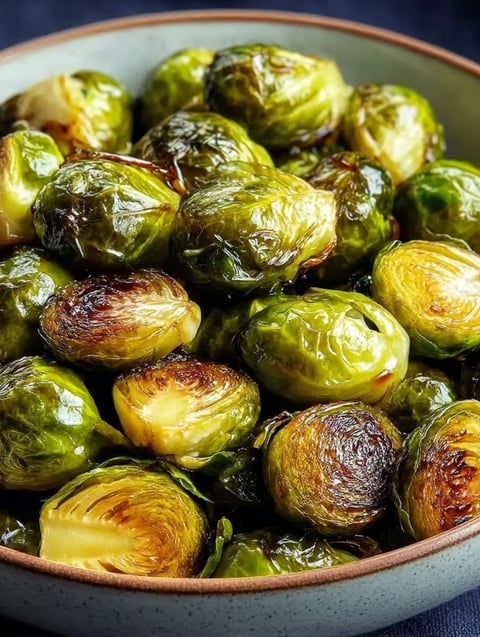 A bowl of cooked Brussels sprouts.