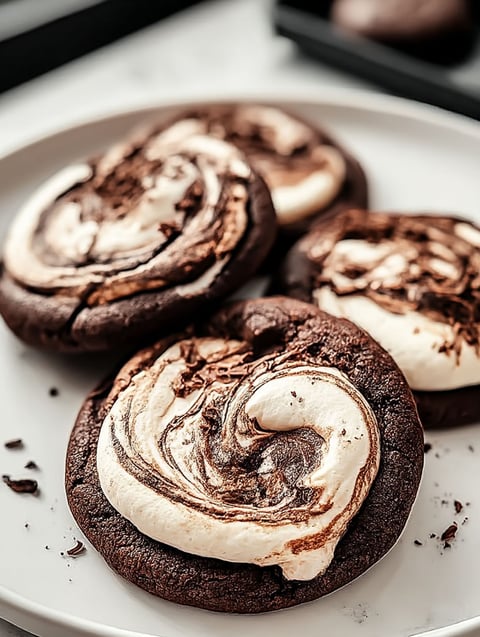 Chocolate marshmallow swirl cookies on a plate.