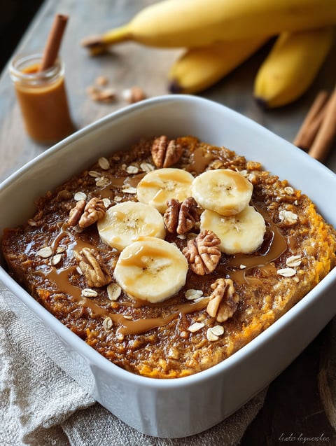 A bowl of baked oatmeal with bananas and pumpkin.