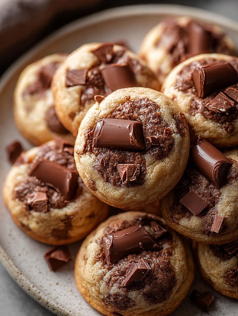 A plate of chocolate chip cookies with chocolate drizzled on top.