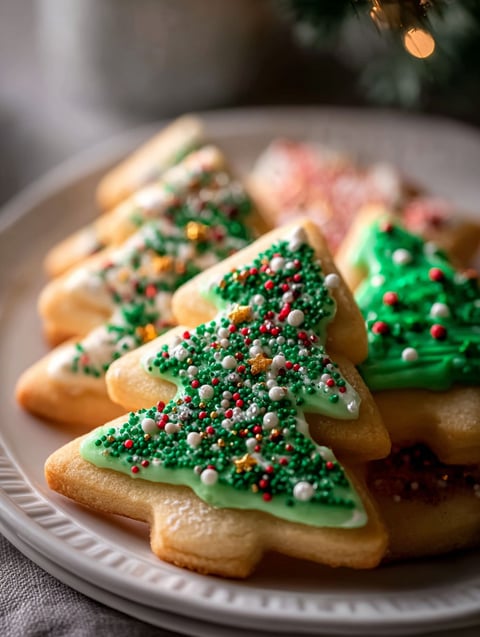 A plate of Christmas tree cookies.
