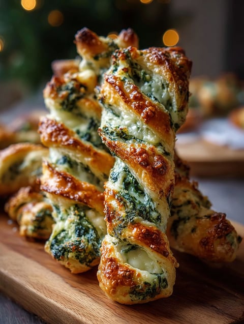 Spinach dip breadsticks on a wooden table.