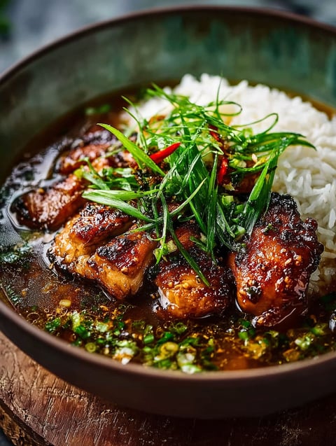 A bowl of caramelized soy chicken in garlic ginger broth with rice.