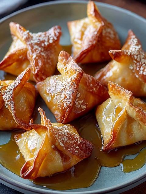 A plate of caramel apple wontons.