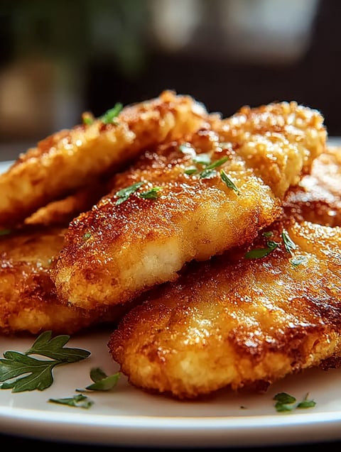 Crispy chicken tenders on a plate.