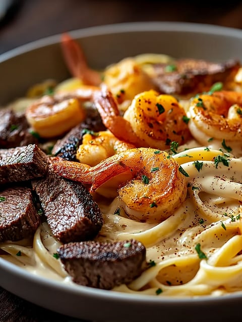 A bowl of Cajun Shrimp and Steak Alfredo Pasta.