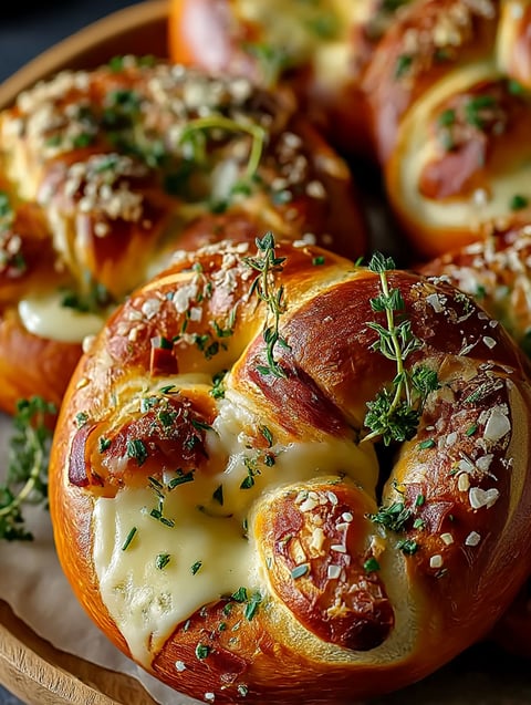 Mozzarella stuffed soft pretzels with herbs.