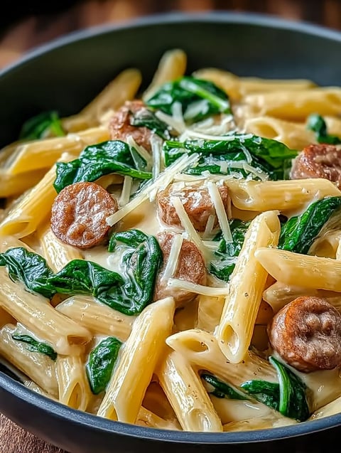 A bowl of pasta with spinach and sausage.