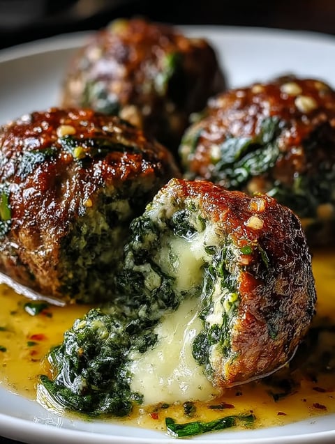 Meatballs stuffed with mozzarella and spinach.