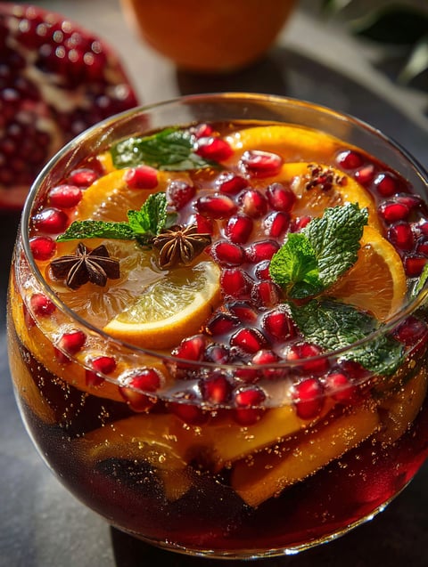 A glass of fruit with a lemon wedge in it.