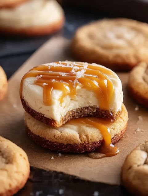 A delicious meal of a cookie with caramel sauce.
