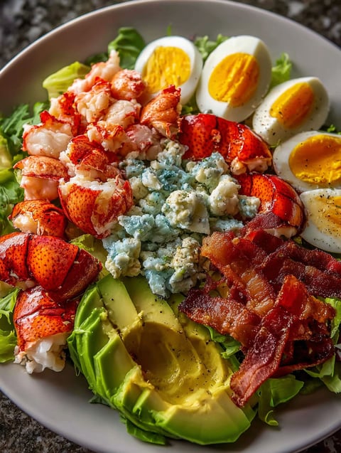 A delicious meal of shrimp, eggs, bacon, and avocado.