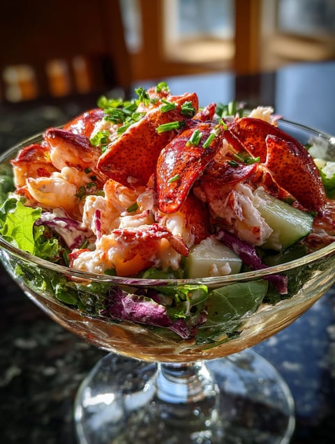 A delicious meal of lobster and vegetables.