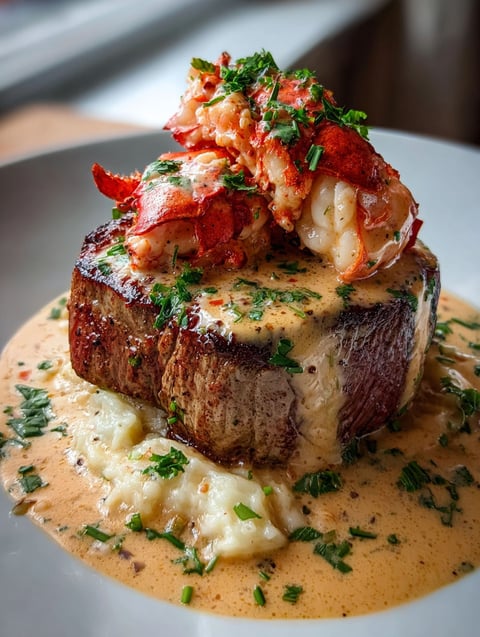 A delicious meal of steak and lobster.
