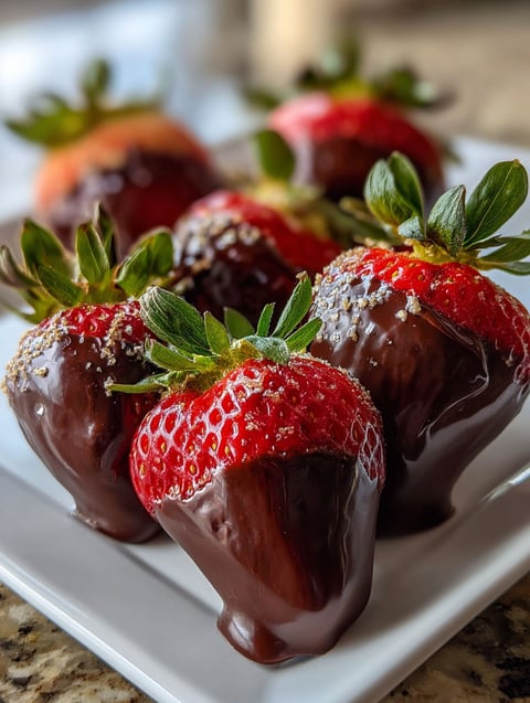 A plate of chocolate covered strawberries.