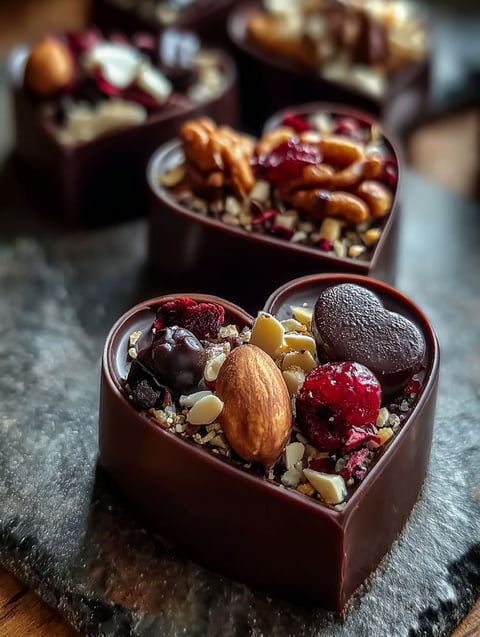 A delicious meal in a heart shaped chocolate.