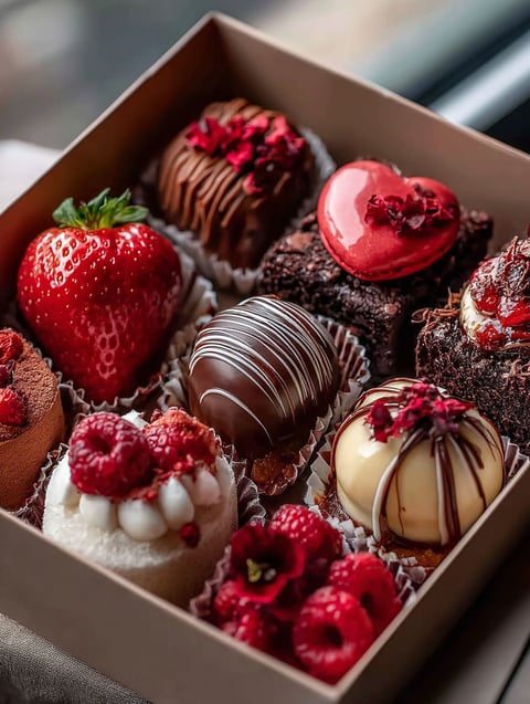 A box of delicious chocolates and strawberries.