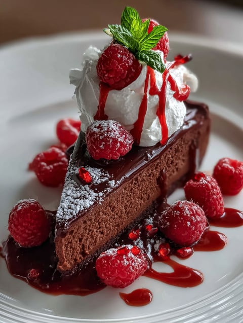 A delicious meal of chocolate cake with raspberries on top.