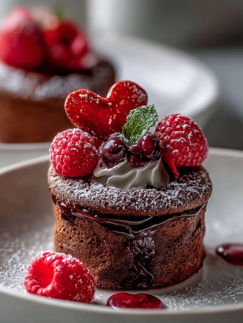 A delicious meal with a chocolate dessert and raspberries.