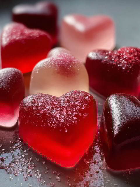 A plate of red heart shaped candies.