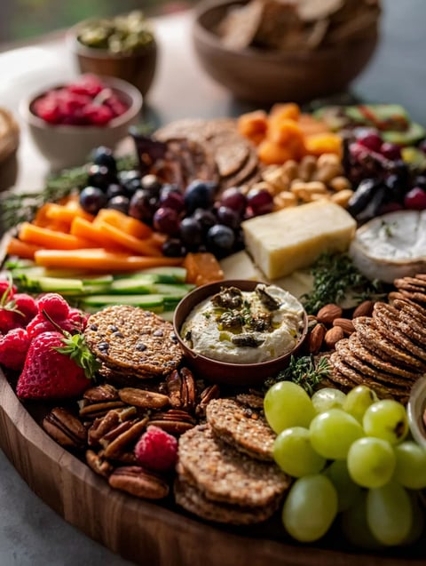 A delicious meal of fruits, cheese, crackers, and nuts.