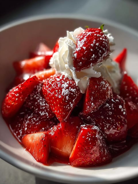 A delicious meal of strawberries and whipped cream.
