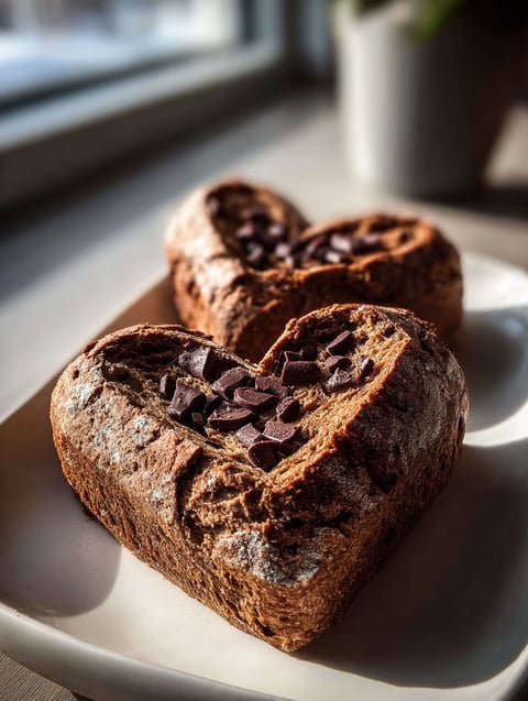 A delicious meal of two heart-shaped breads with chocolate chips.