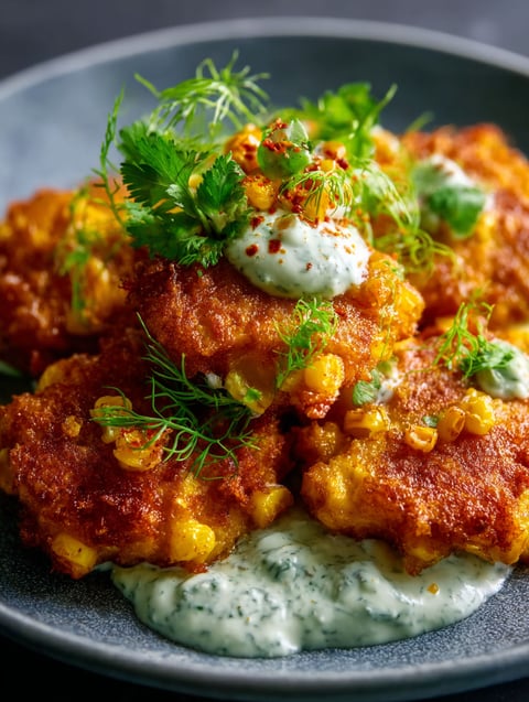 A delicious meal of chicken with a white sauce and garnished with corn.